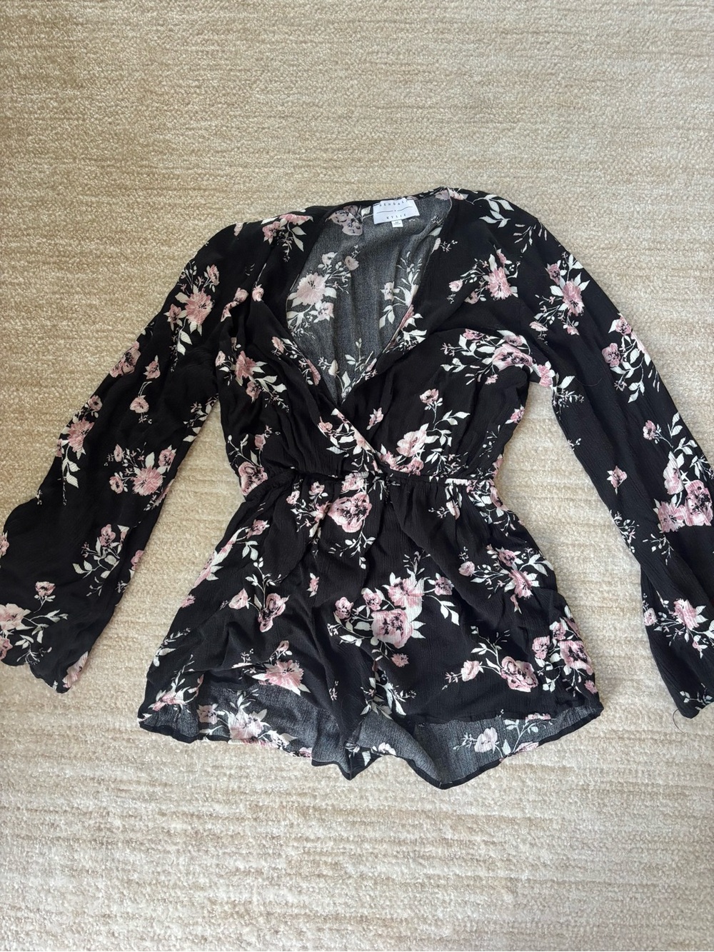 Kendall & Kylie Black Floral Wrap Bodysuit Romper with Pink Blossoms